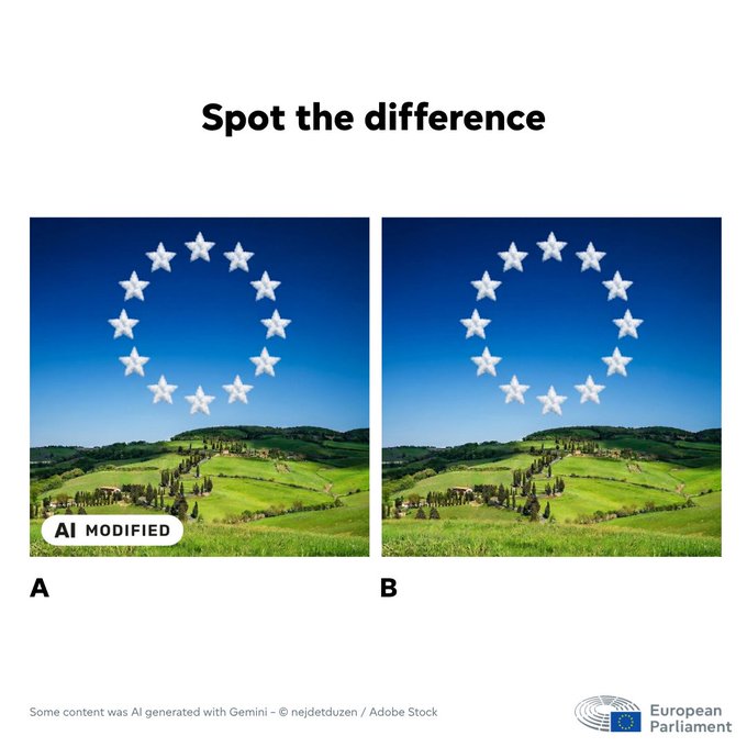 European Parliament example comparing an AI-modified image with an unlabelled image