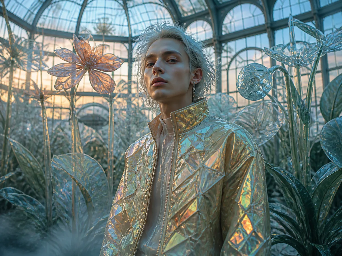 AI-generated fashion portrait in a glass greenhouse used in the sample analysis
