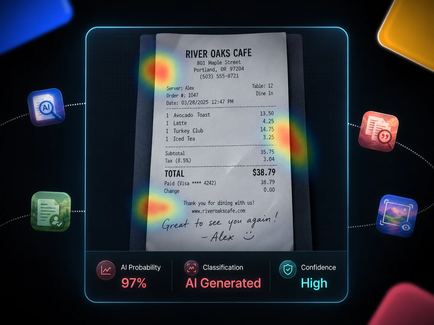 Illustration of an AI media detector reviewing visual content and showing probability, classification and confidence